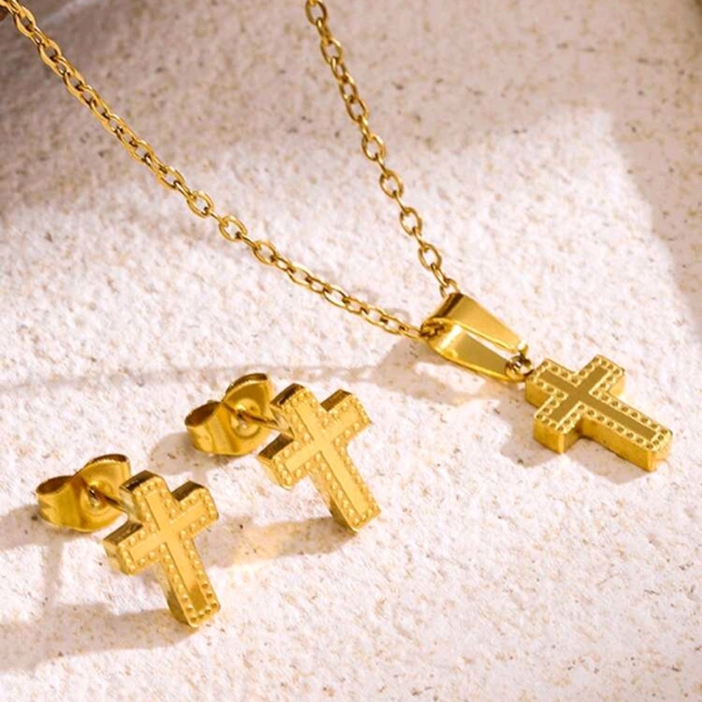 Elegant Gold Cross Necklace and Earring Set